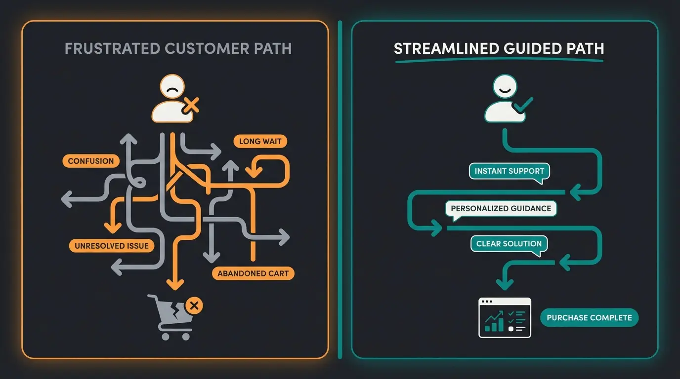 Comparison of customer journey with and without AI sales assistant showing improved conversion path