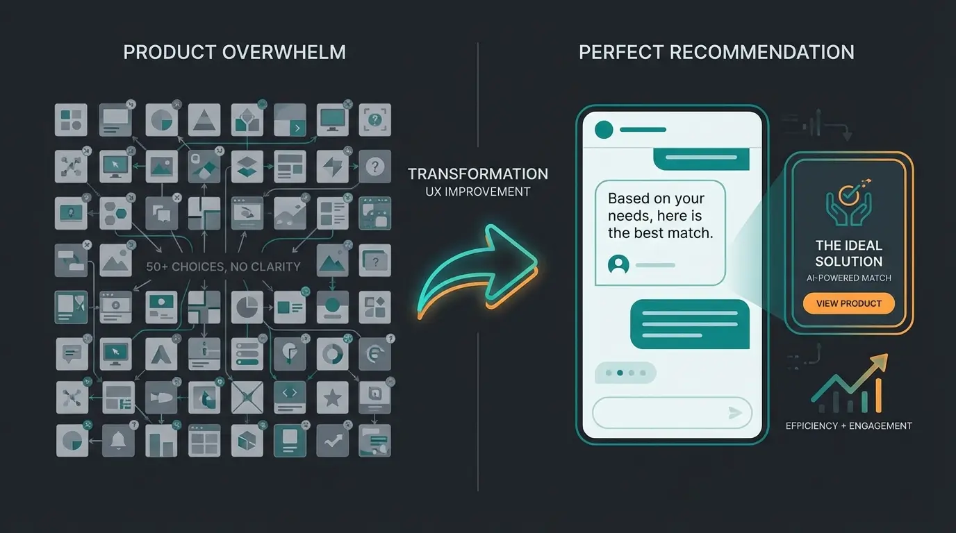 Before and after comparison showing cluttered product page versus clean AI consultation interface