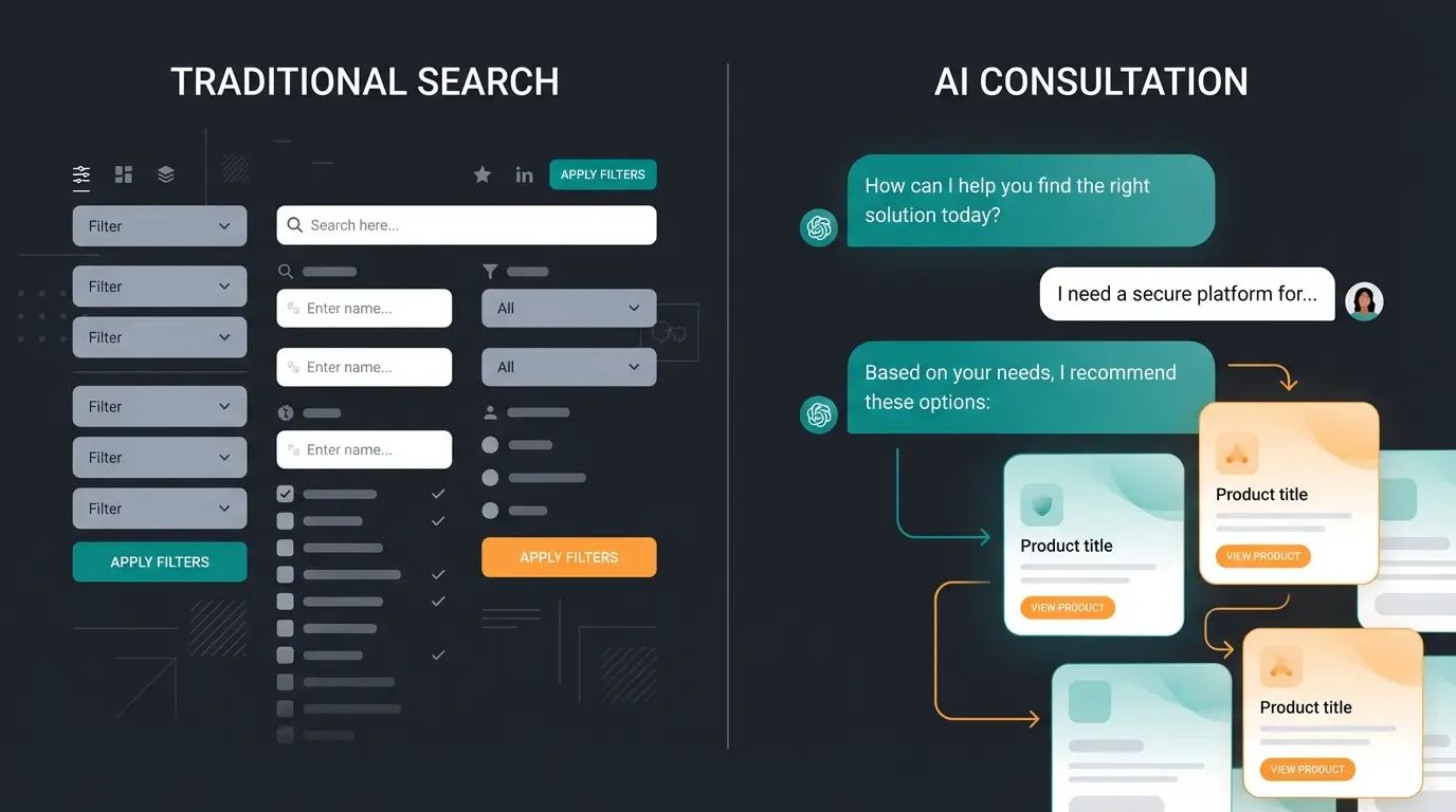 Comparison visualization showing traditional search filters versus AI-driven consultation interface