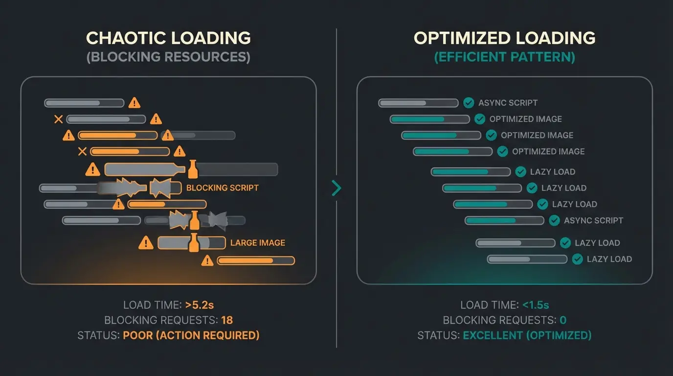 Vergleich Waterfall-Diagramm: Unoptimierter Shop vs. Shopware 6.6 mit Async Loading