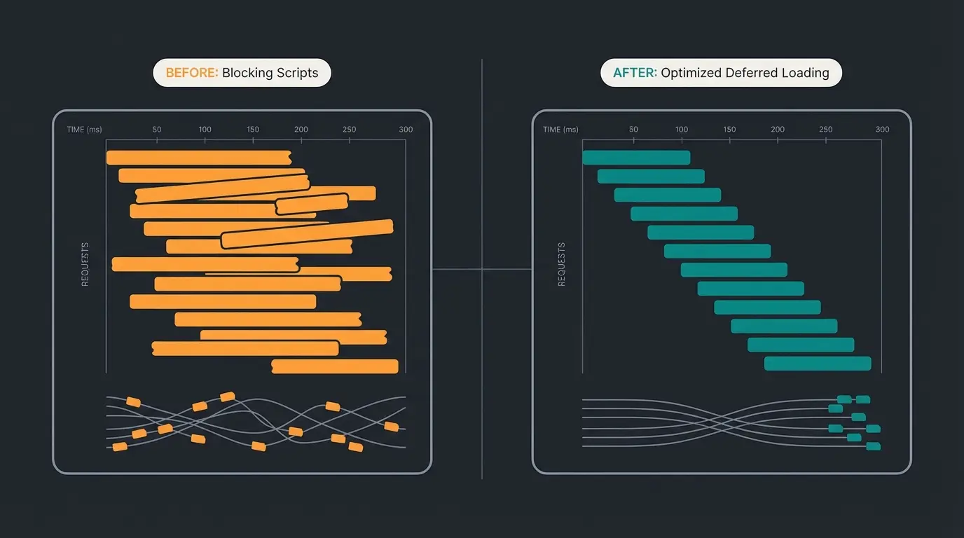 Network waterfall comparison showing optimized vs unoptimized script loading