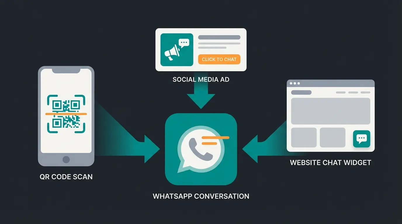 WhatsApp marketing entry points diagram showing QR codes, ads, and website widgets