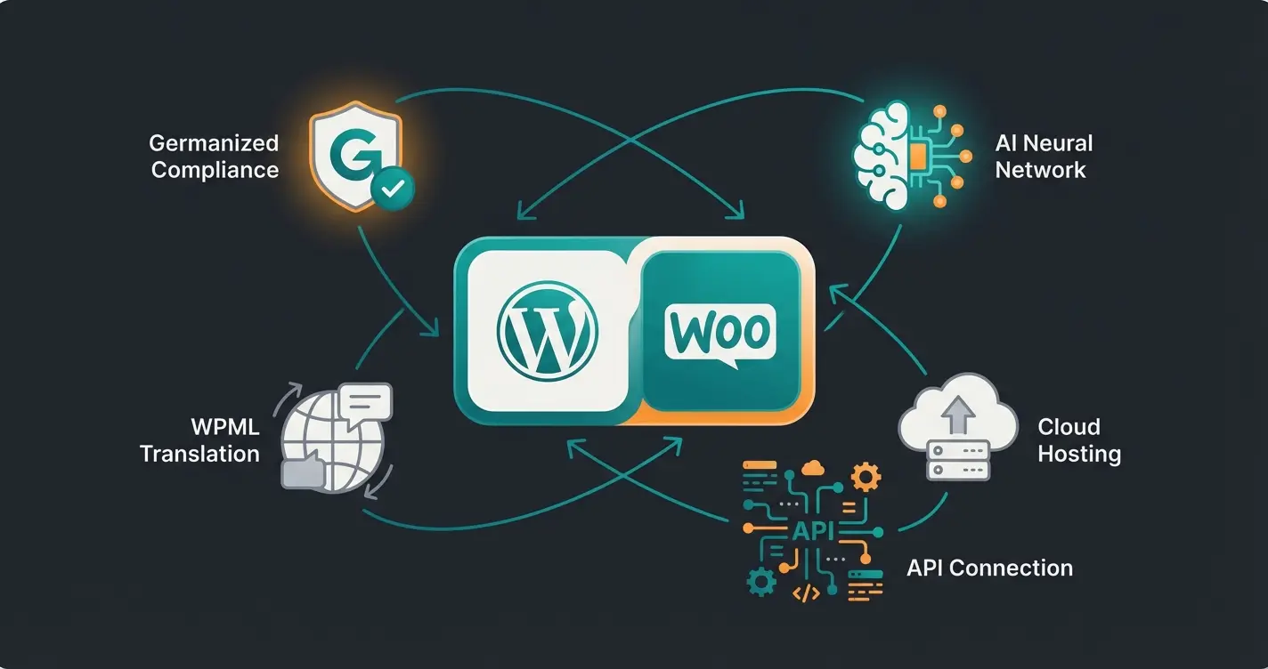 Technology stack visualization showing WooCommerce ecosystem with AI integration layers