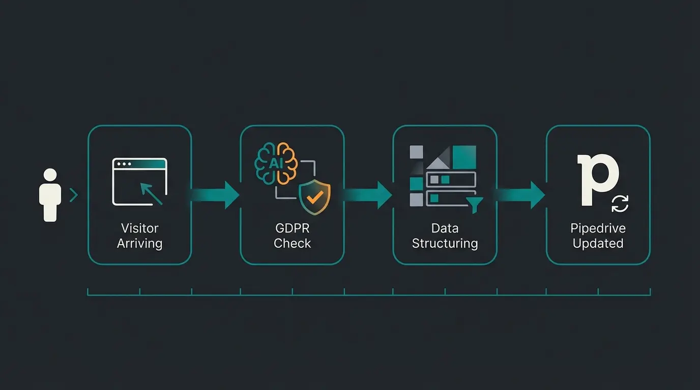 Workflow-Diagramm zeigt den deutschen Effizienzprozess von Besucherankunft bis Pipedrive-Update