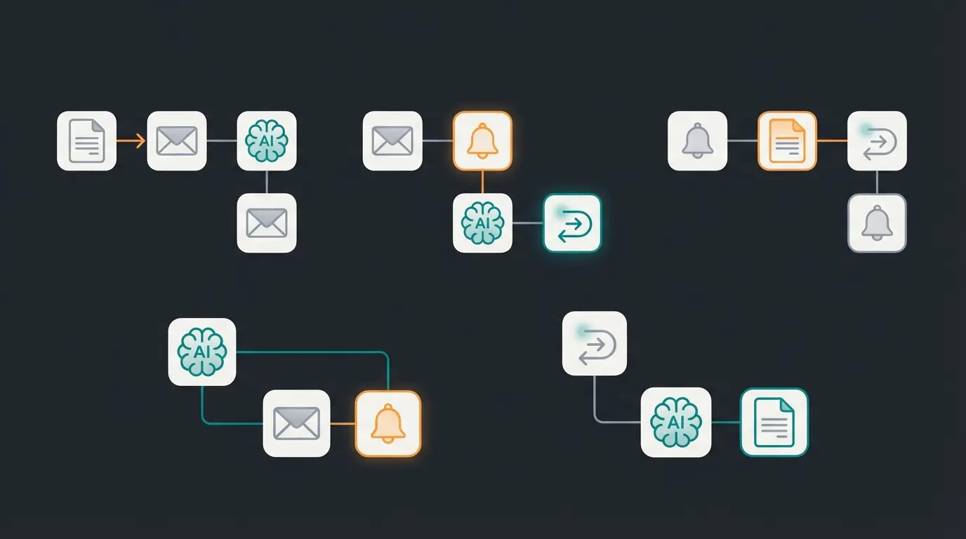 Five smart sales automation Zaps visual overview showing accounting, newsletter, VIP alerts, AI consulting, and win-back workflows