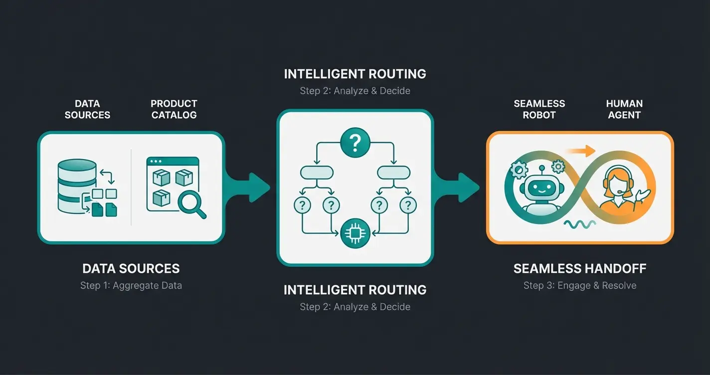 Three-step implementation process showing data integration, sales logic definition, and human handover setup