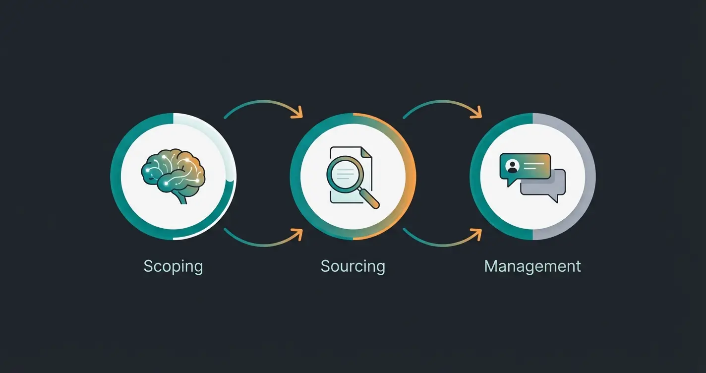 Three-step hybrid workflow showing AI scoping, developer sourcing, and AI-assisted management