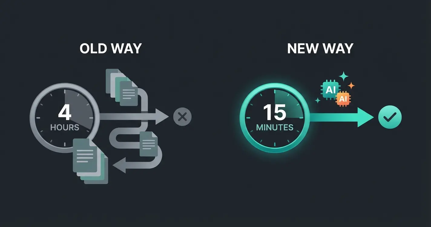 Comparison of traditional manual Shopware workflow versus AI-automated workflow showing time savings