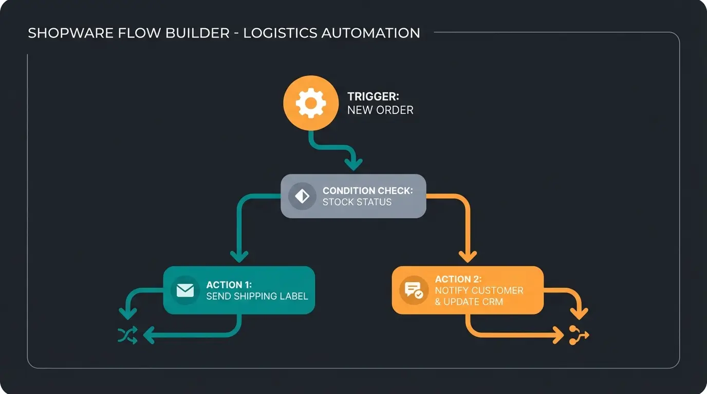 Shopware Flow Builder automation interface showing logistics workflow configuration