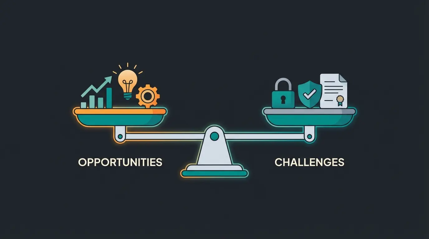 Darstellung der Balance zwischen KI-Chancen und Herausforderungen