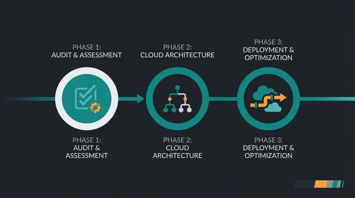 Migration roadmap visualization showing phases from audit to deployment