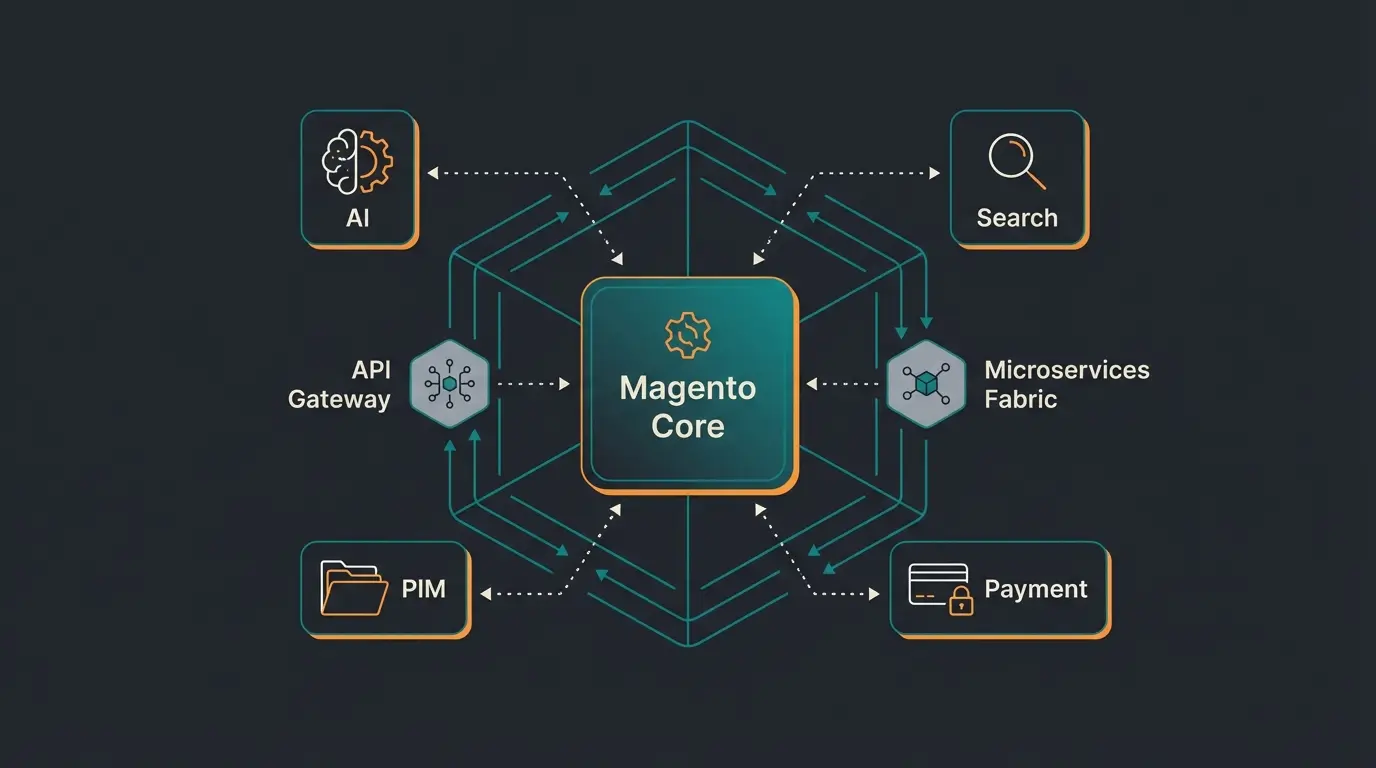 Moderner Magento Tech Stack mit API-Integrationen visualisiert