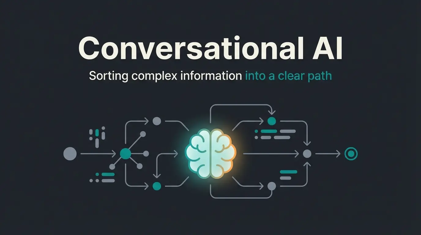 Illustration eines digitalen KI-Beraters, der komplexe Zusammenhänge ordnet