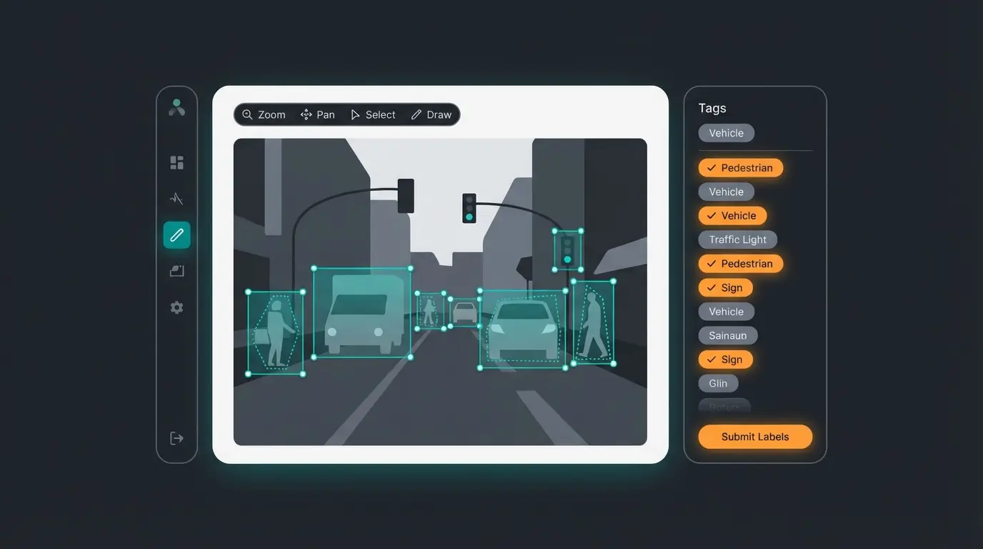 Schematische Darstellung der Labelbox Benutzeroberfläche mit Annotationstools