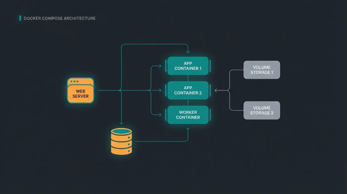 Docker Compose architecture diagram showing container connections and volume mappings