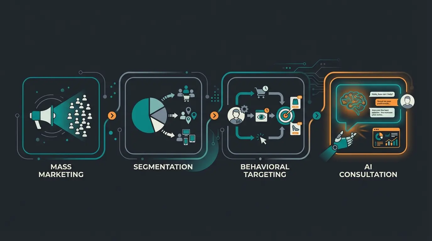 Infografik zur Evolution der E-Commerce Personalisierung von Massenmarketing bis KI-Beratung