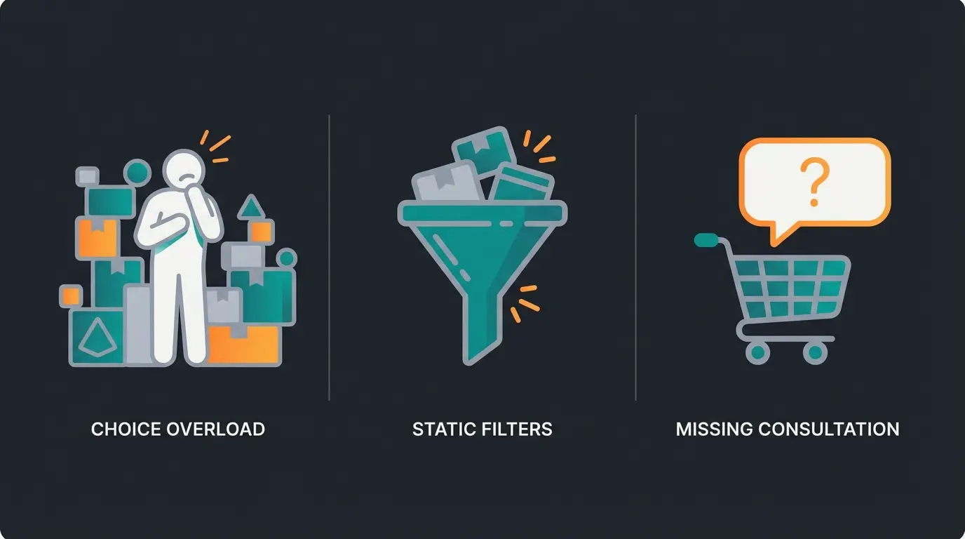 Visualisierung der drei Hauptprobleme im E-Commerce ohne KI-Beratung