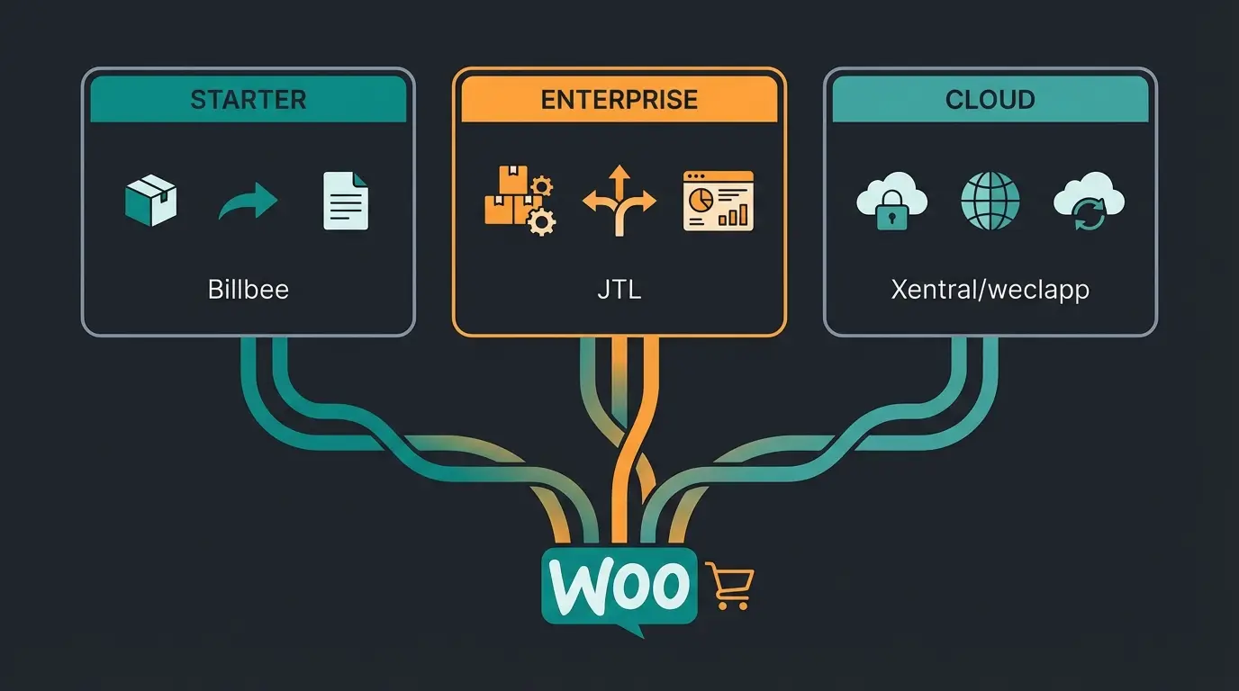 Comparison of WooCommerce ERP integration options showing Billbee, JTL, and cloud solutions