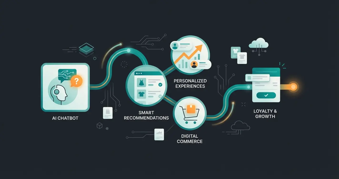 Future e-commerce visualization showing AI-powered customer journey with personalized touchpoints