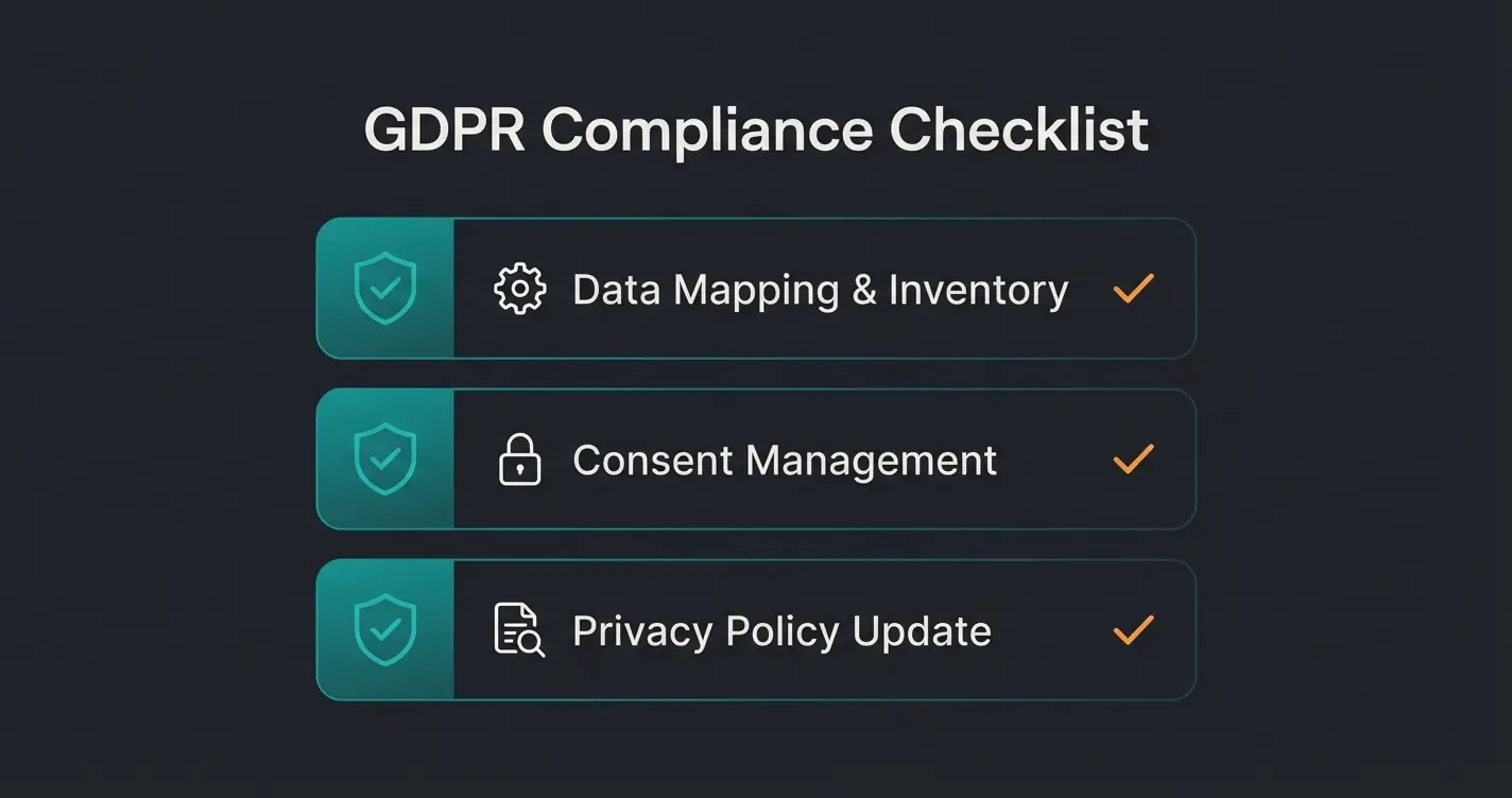 Shopware GDPR compliance checklist infographic showing essential configuration steps