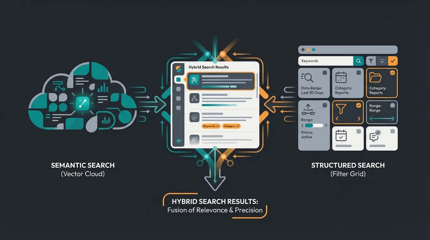 Diagram showing hybrid search combining vector similarity with metadata filters