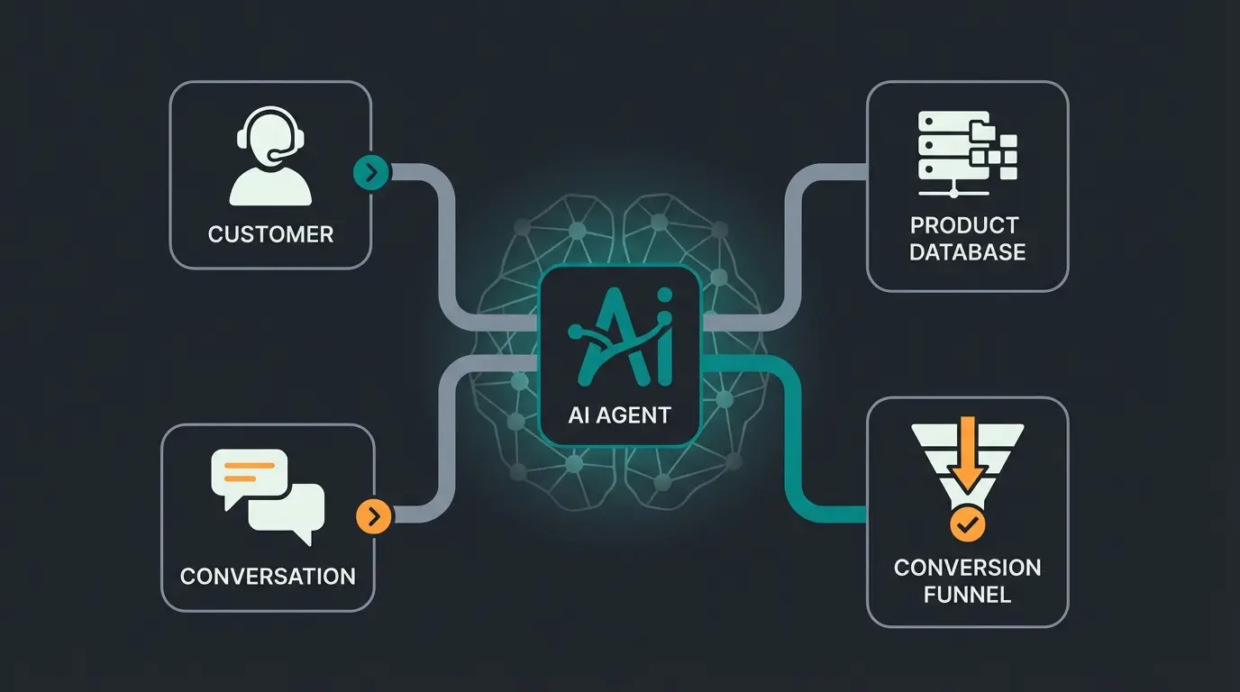 Visualization of AI sales agent workflow showing customer interaction, product matching, and conversion optimization