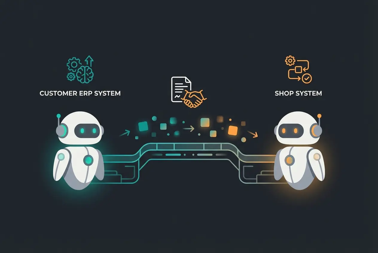 Agentic Commerce Konzept mit autonomen KI-Agenten die zwischen Systemen kommunizieren