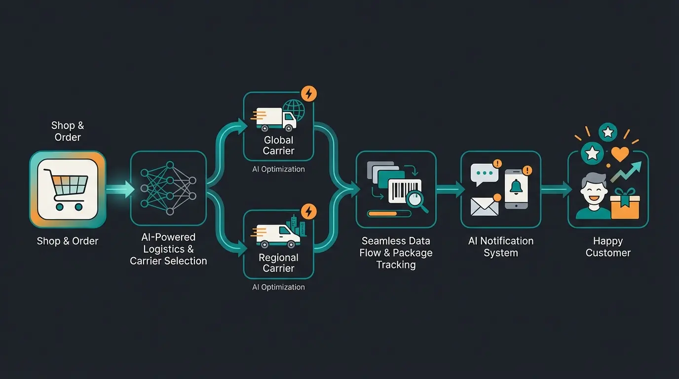 AI shipping assistant workflow showing pre-purchase consultation and proactive delivery updates