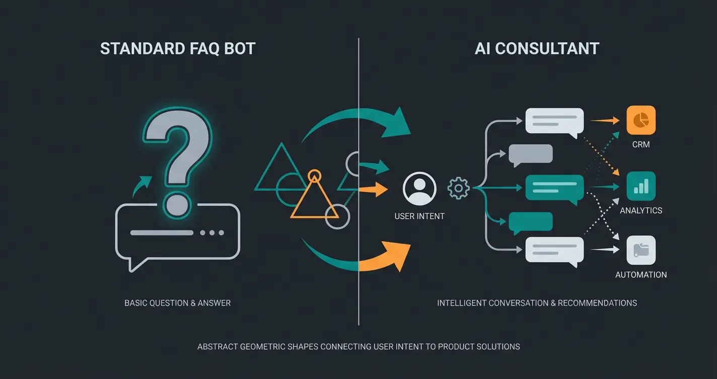 Comparison of standard chatbot versus AI product consultant showing reactive support versus proactive sales approach