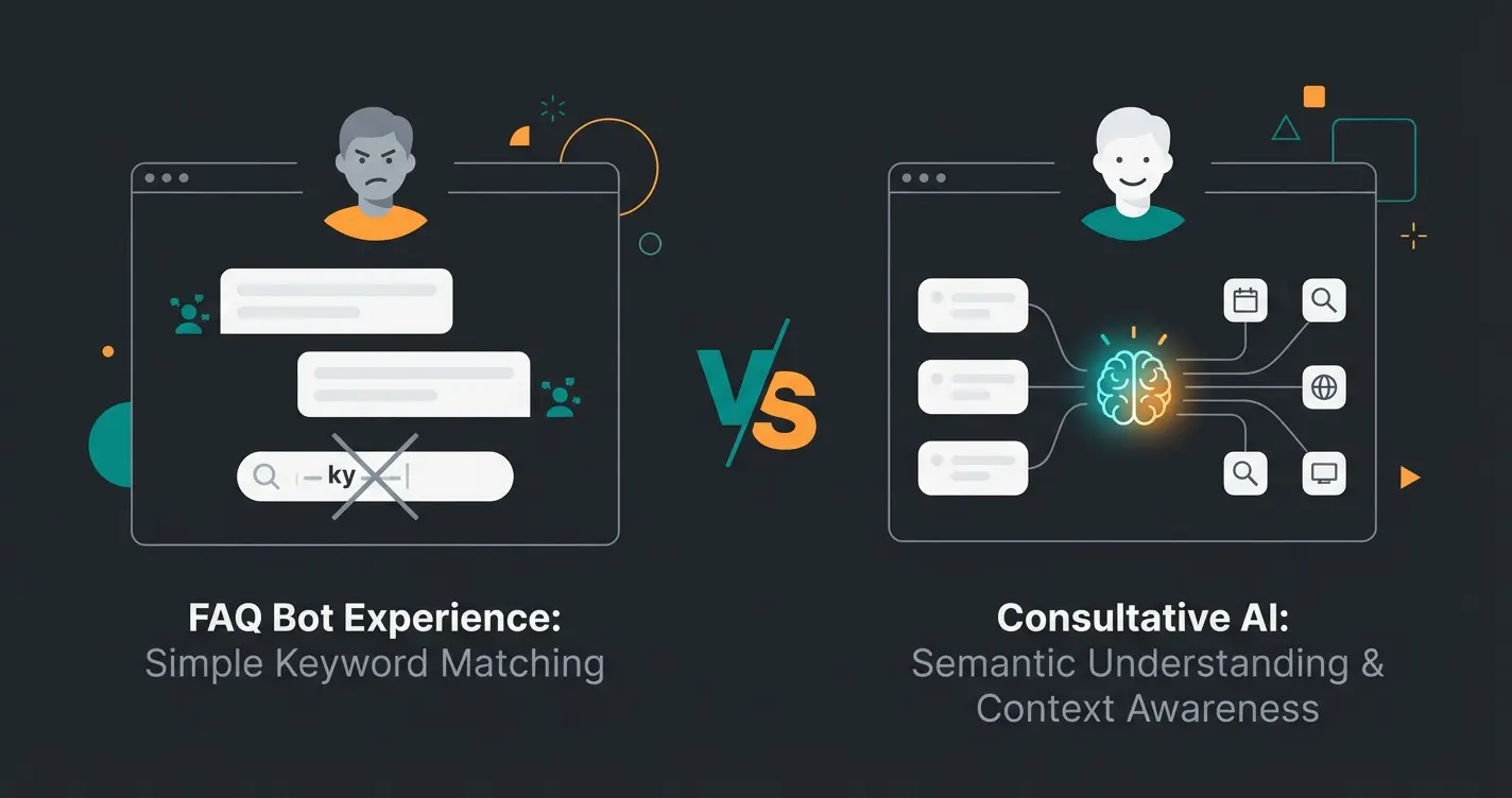 Comparison diagram showing FAQ bot limitations versus consultative AI capabilities for product consultation