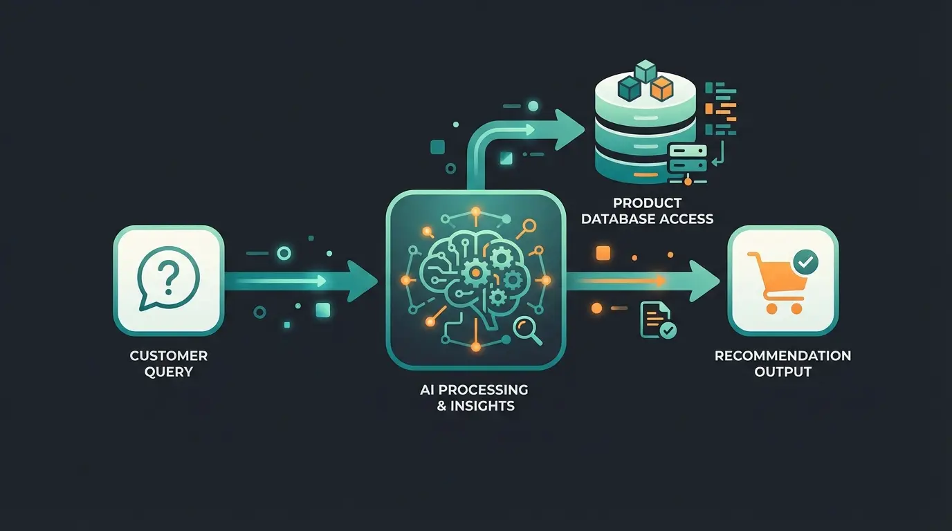 Shopware AI integration workflow diagram showing user input through AI analysis to product recommendation