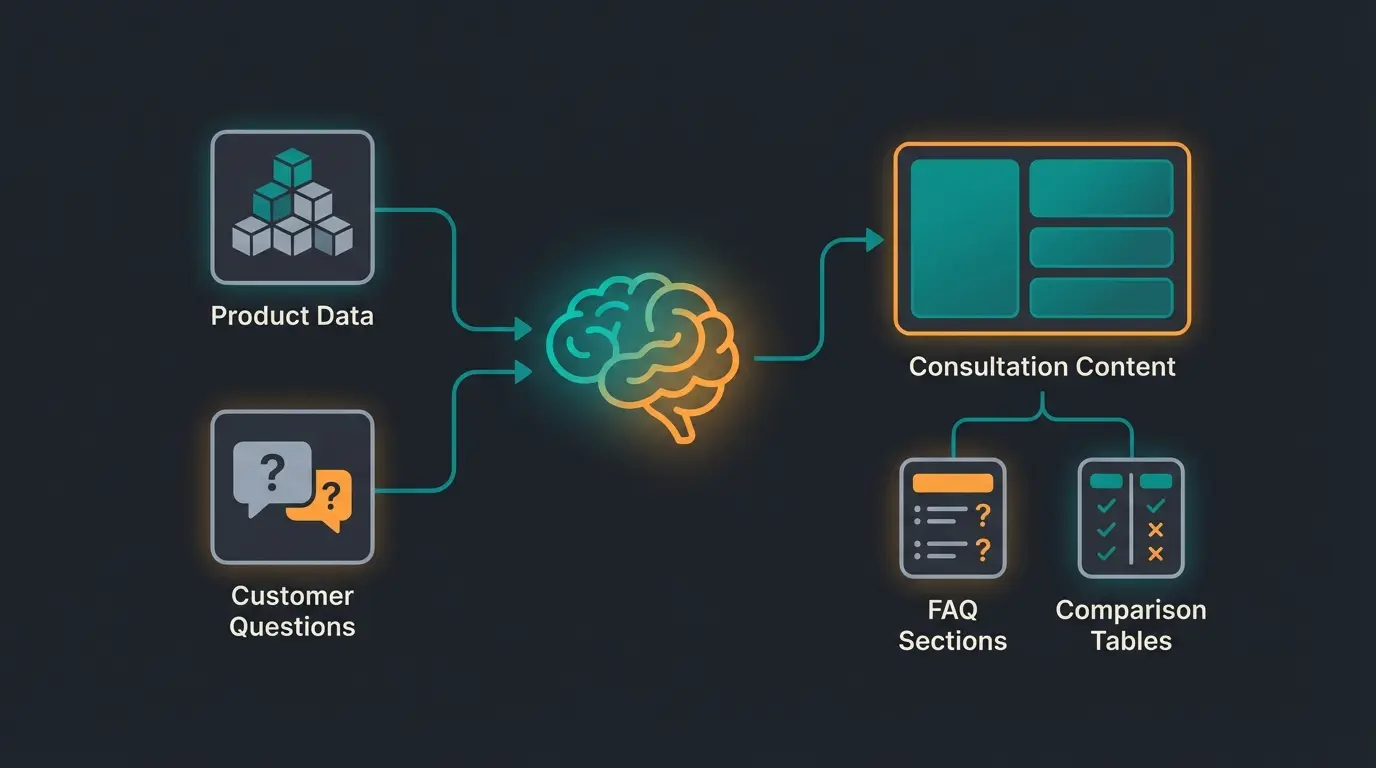 AI consultation process transforming product data into customer-focused content