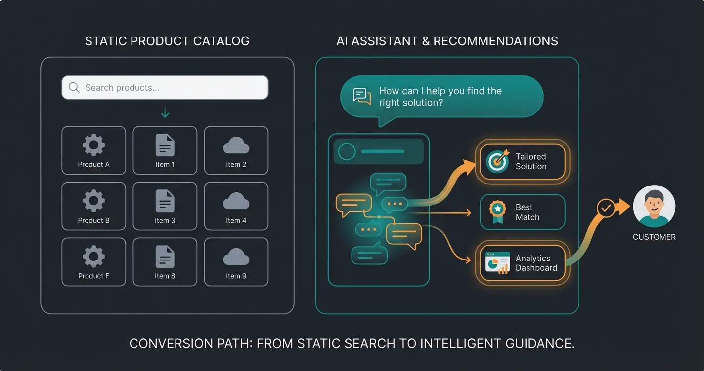 Vergleich zwischen passivem Katalog-Shop und aktivem KI-gestützten Verkaufsberater