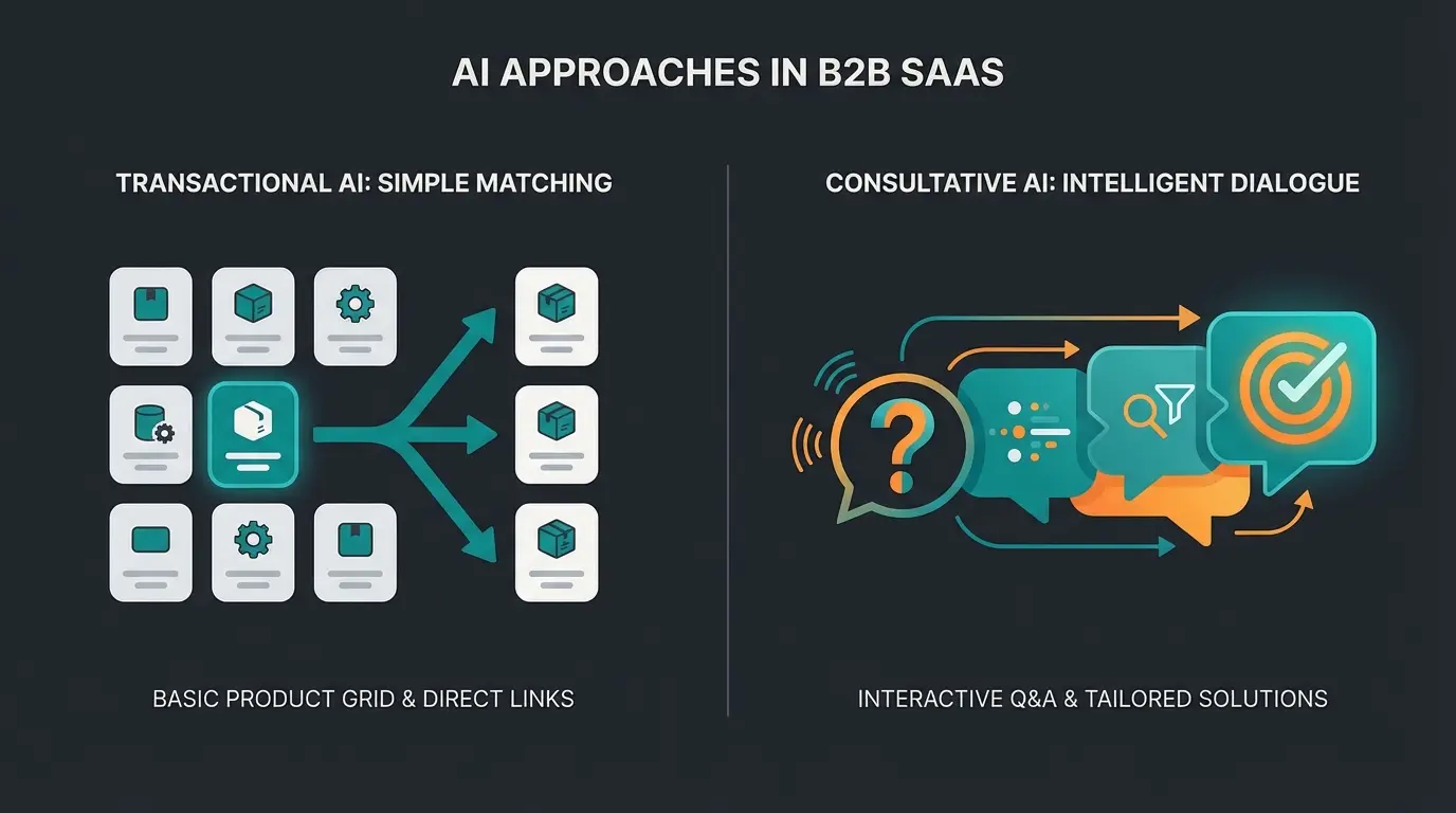 Comparison diagram showing transactional AI with product grid recommendations versus consultative AI with dialogue-based customer guidance