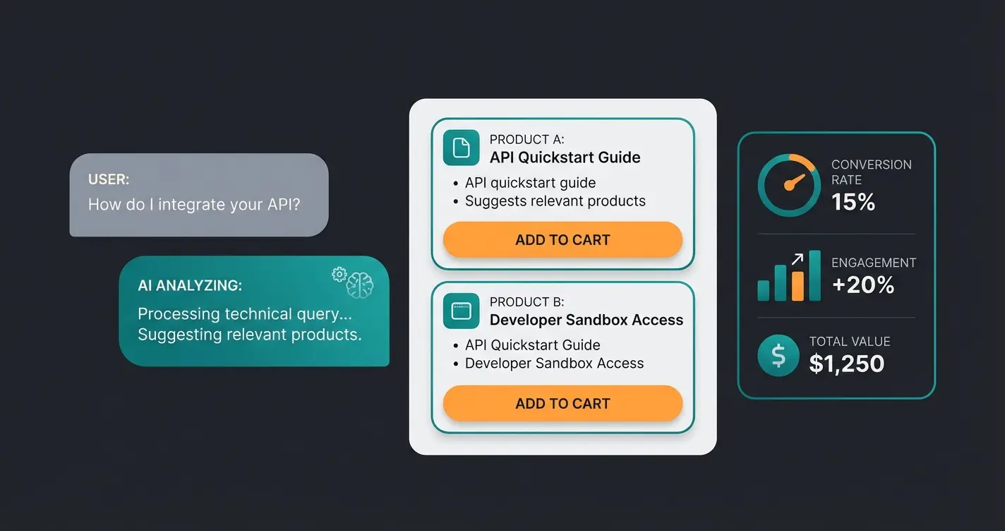 AI sales consultant chat simulation showing personalized product recommendations with add to cart functionality