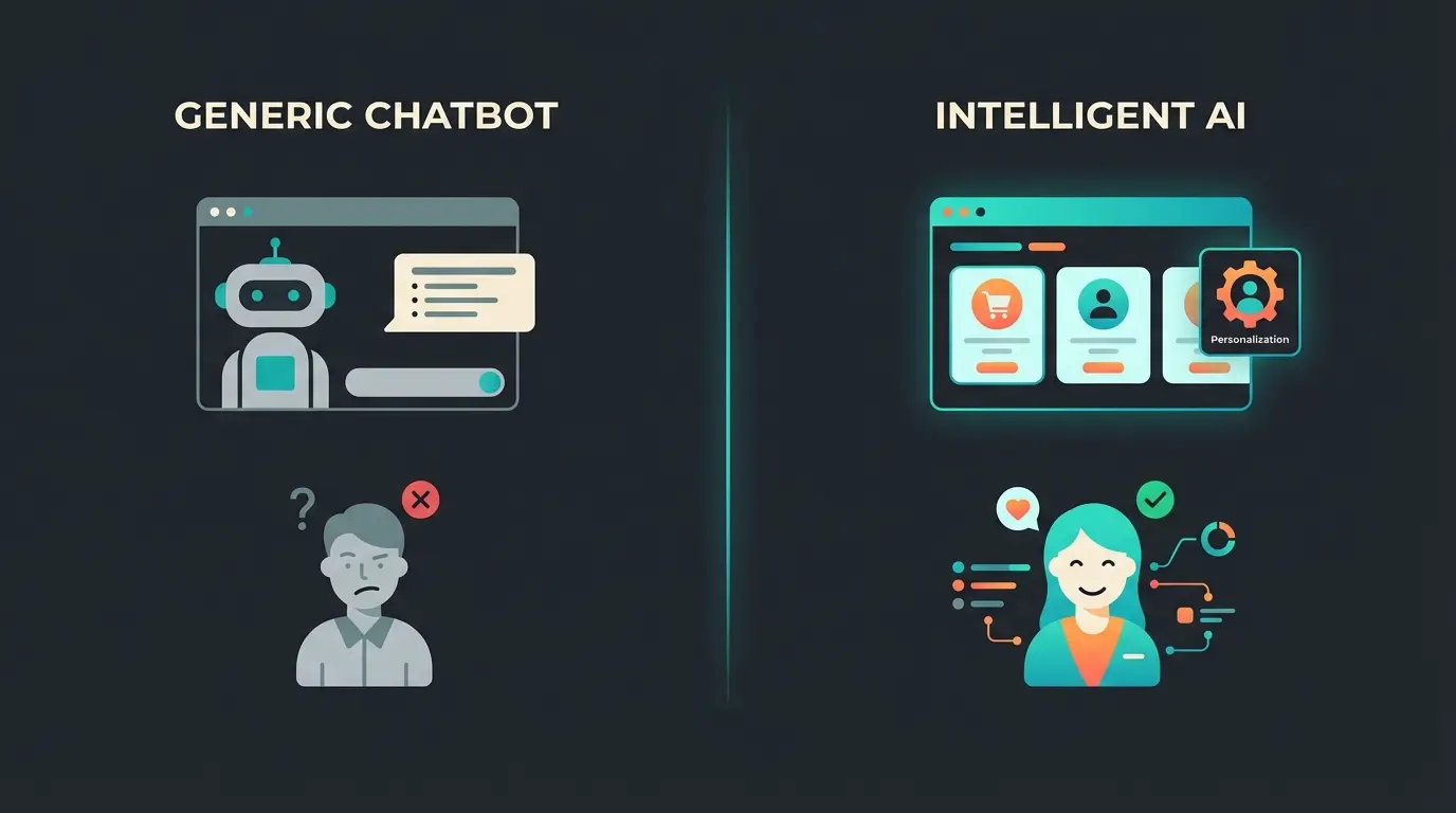Comparison of traditional chatbot response versus AI consultant response showing personalized product recommendation