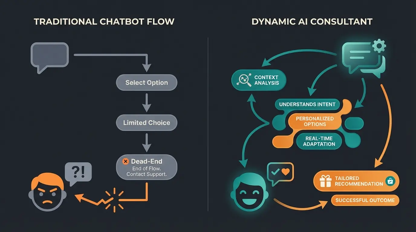 Comparison flowchart showing static bot versus AI consultant customer journey
