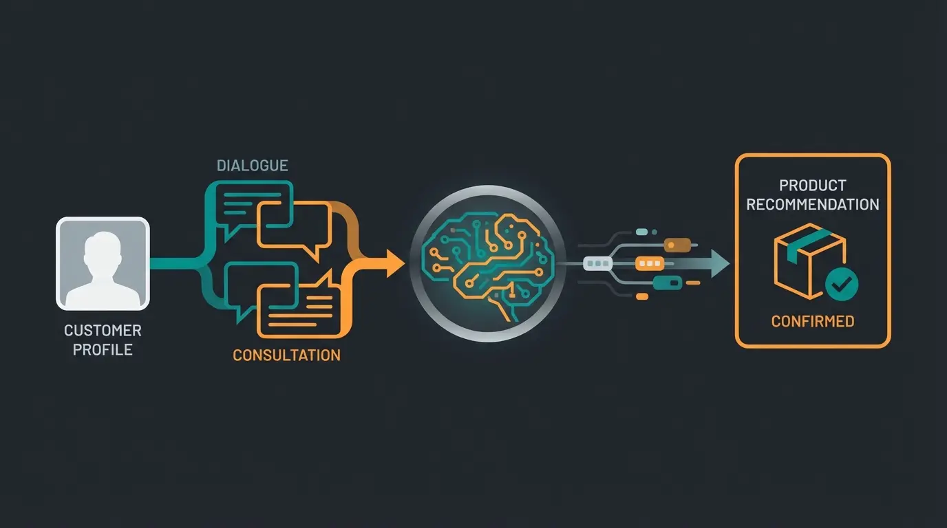 AI sales consultation workflow showing customer journey from browsing to personalized recommendation