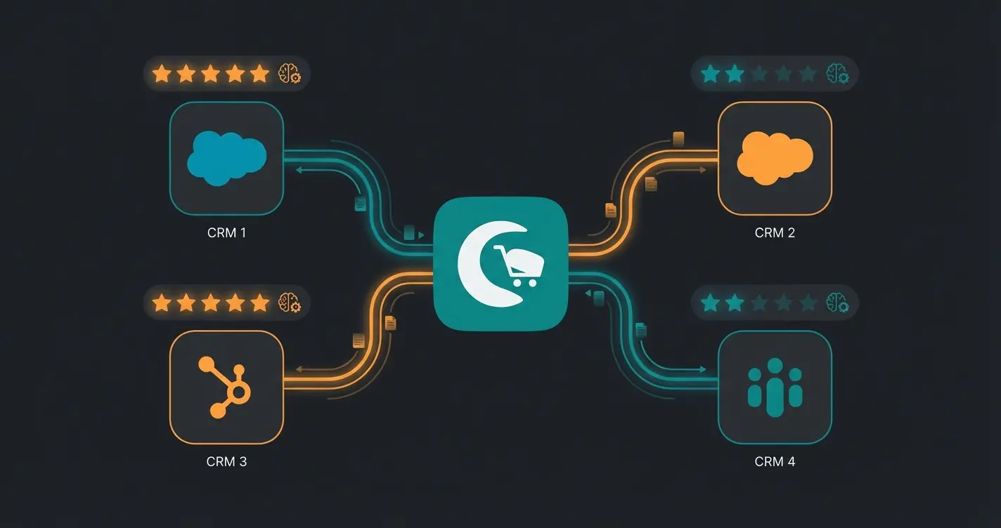 Comparison of CRM systems for Shopware showing HubSpot, Salesforce, Greyhound, and weclapp with AI potential ratings
