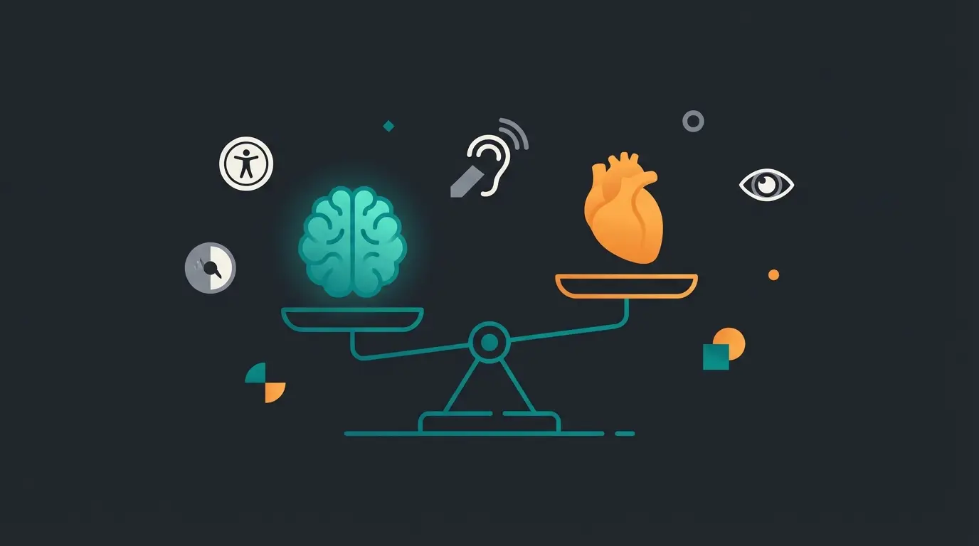 Abstrakte Darstellung der Balance zwischen KI-Automatisierung und menschlichem Verständnis in der Barrierefreiheit