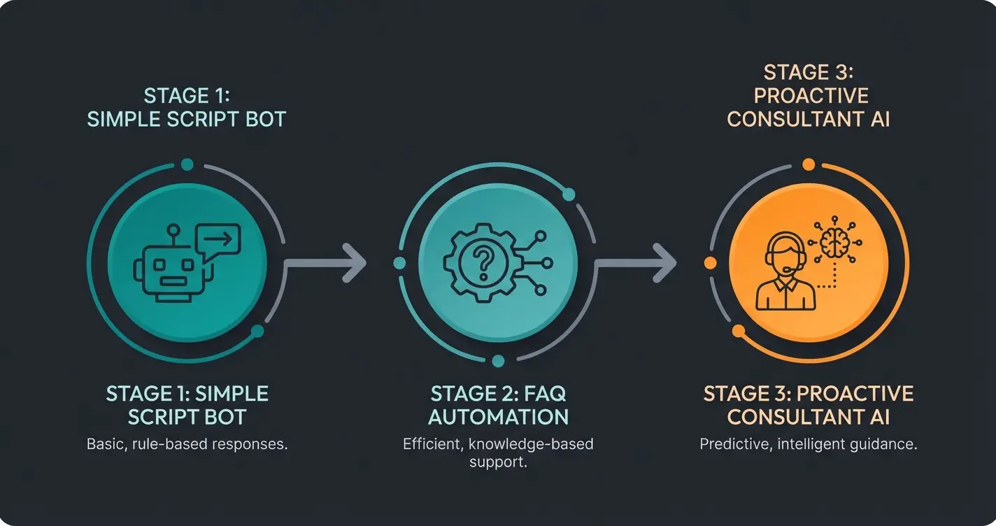Diagram showing the evolution of AI from simple scripts to advanced LLMs