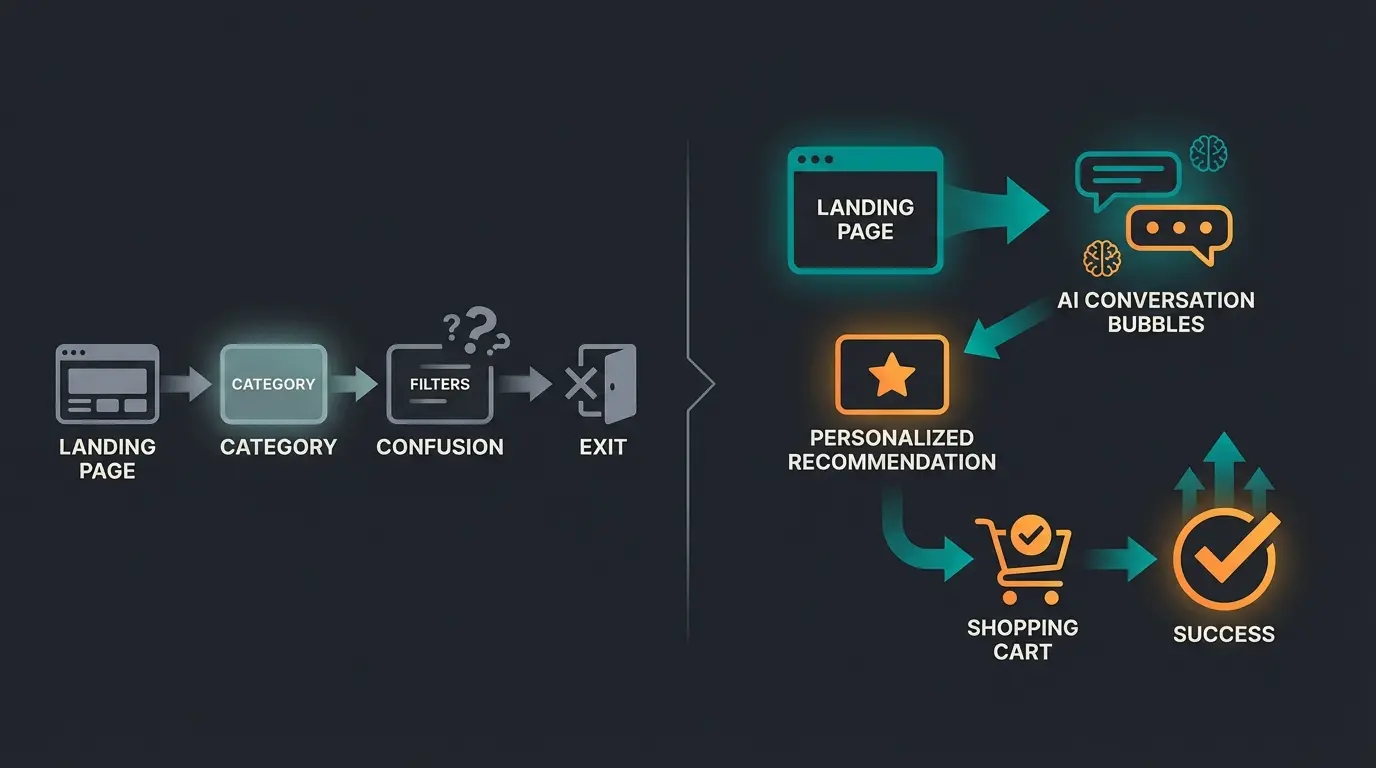 Customer journey comparison showing static vs consultative AI path in Shopware