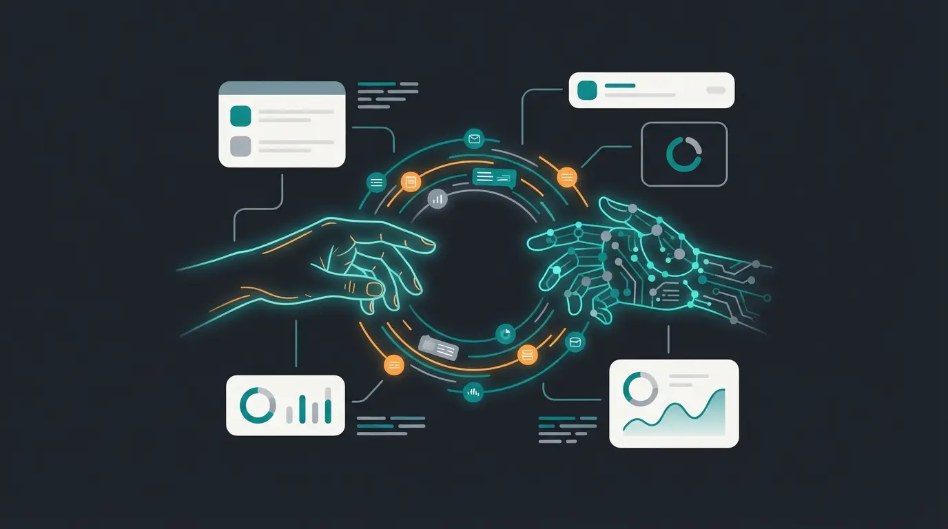 Illustration von Mitarbeitern, die Hand in Hand mit KI-Technologie arbeiten