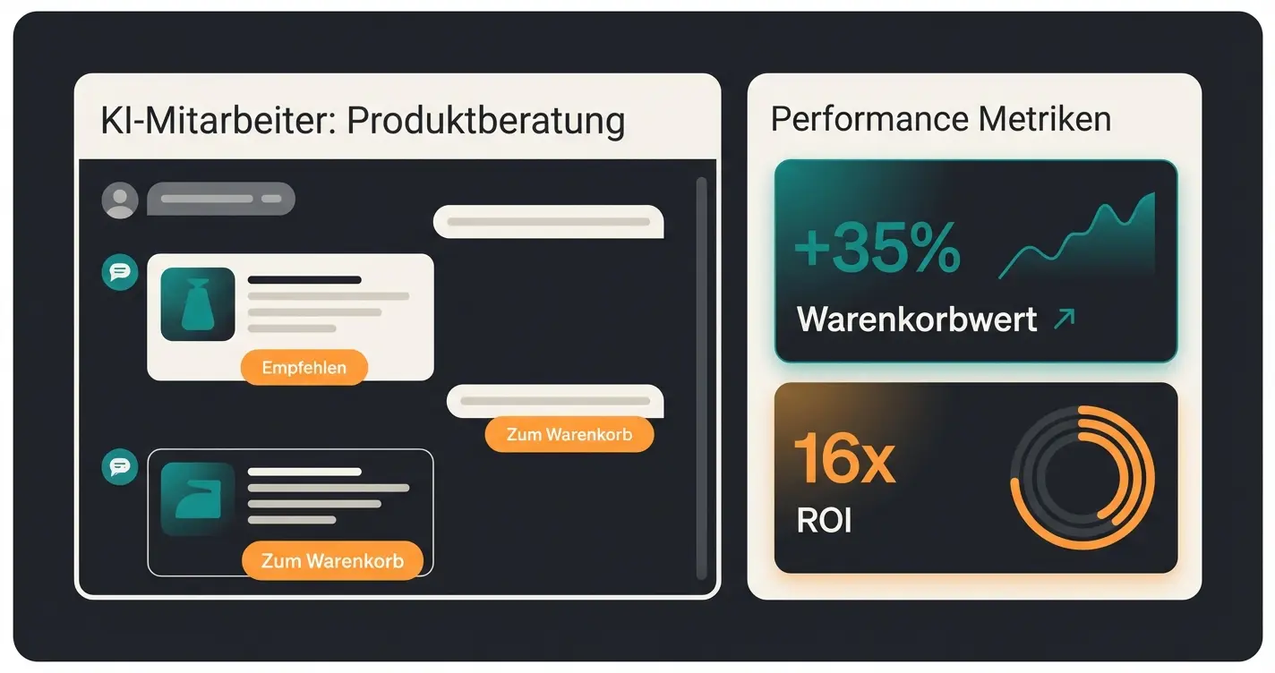 Dashboard eines Qualimero KI-Mitarbeiters mit Beratungsgespräch und Echtzeit-Kennzahlen zu Warenkorbwert und ROI