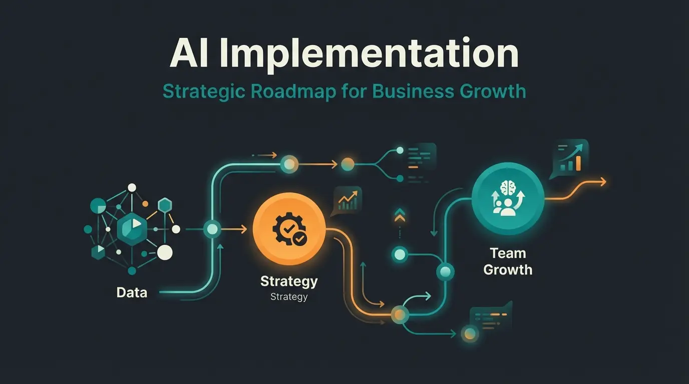 Illustration einer strategischen KI-Einführung mit Roadmap und Analyse-Tools