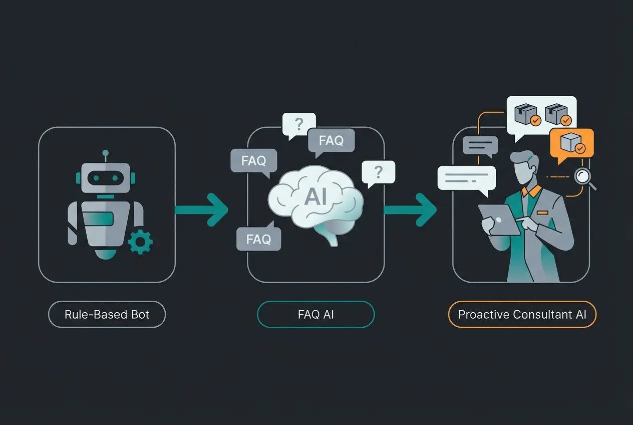 Evolution von regelbasierten Chatbots zu KI-Produktberatern visualisiert