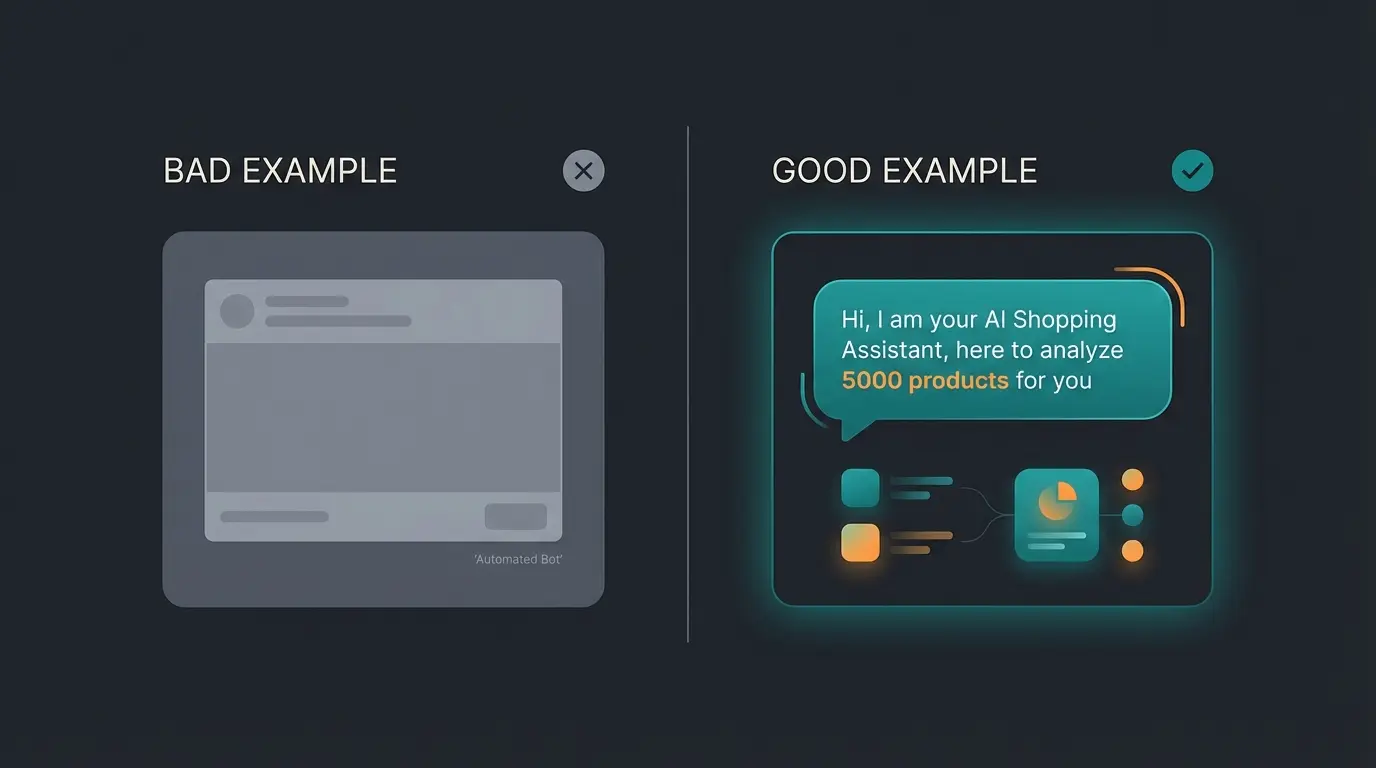 Comparison of bad vs good AI transparency UI labels