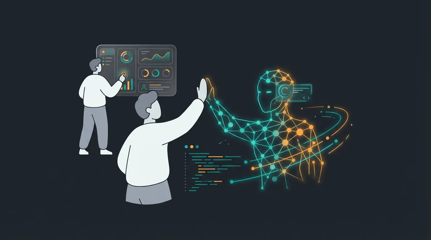Illustration of human employees collaborating with AI systems