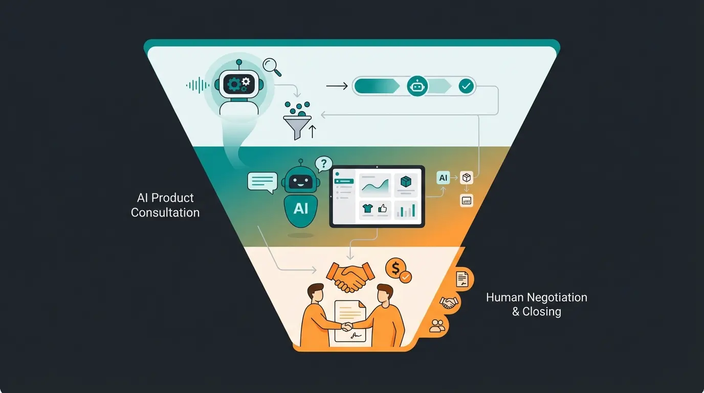 Hybrid sales funnel showing AI and human collaboration stages