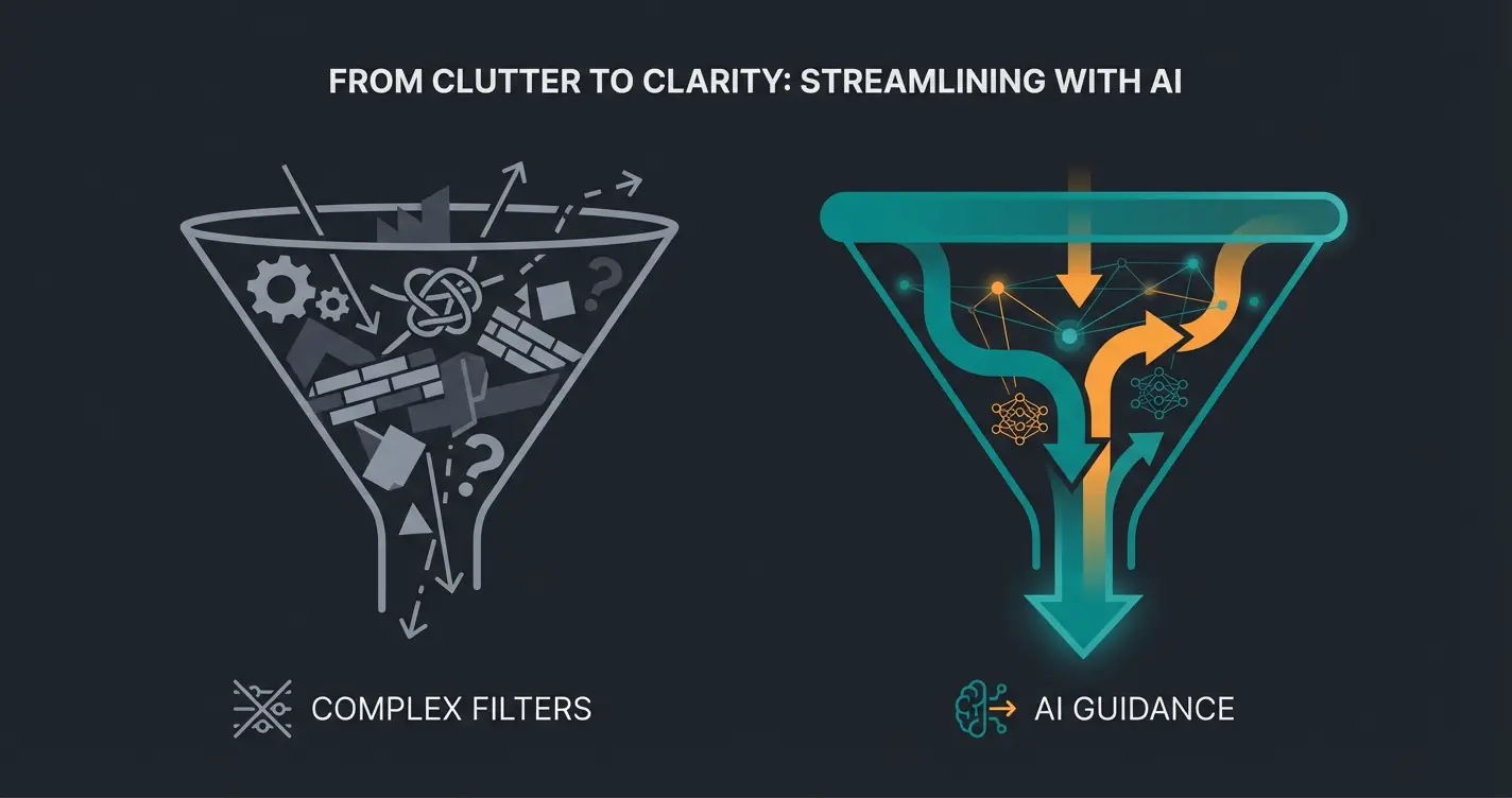 Comparison funnel: Chaotic filter process on the left, direct path through AI consultation on the right